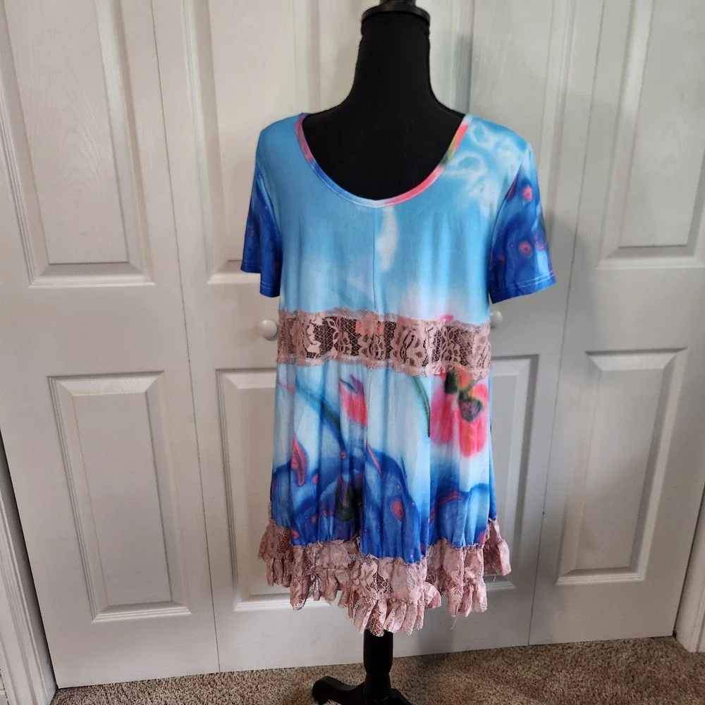 Simply Aster by Firmiana Blue Floral Lace Trim Boho Tunic Top Short Dress Medium - Picture 2 of 13